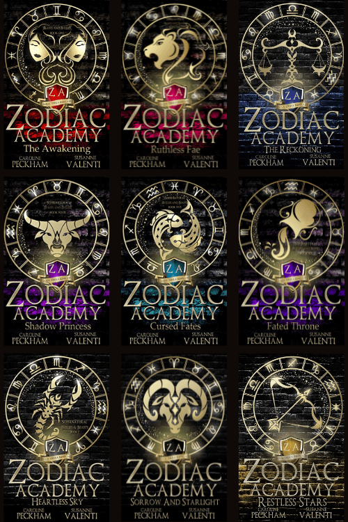 front covers of the zodiac academy series