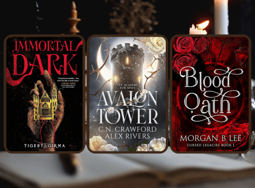 cover image for a blog post on romantasy books with academia settings