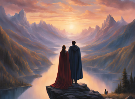 cover image of two people facing a mountain range for a post about what is romantasy